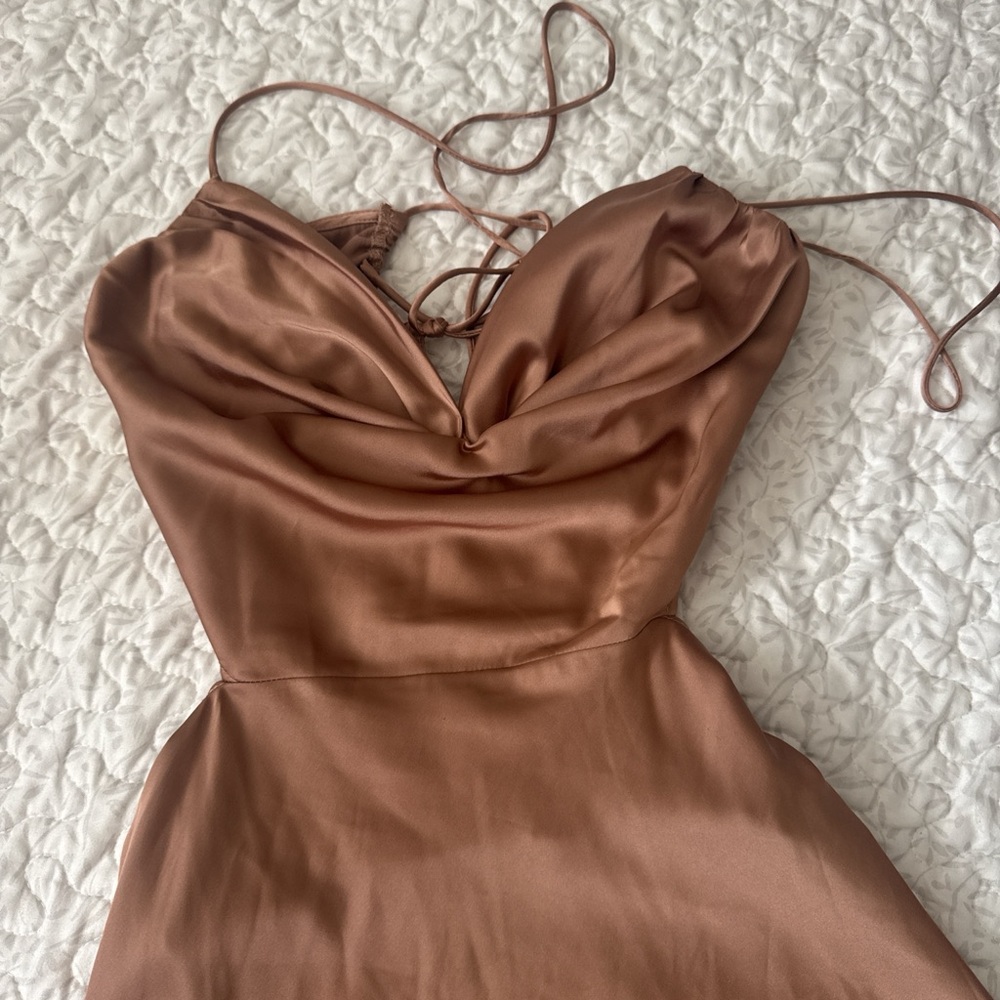 Lily Satin Cowl Maxi Dress in Warm Brown - Picture 2 of 5